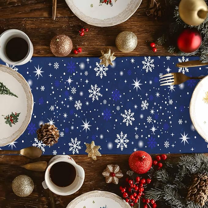 Navy Blue Christmas Tree Table Runner 90 Inches Long, Xmas Balls Snowflake - Image 4