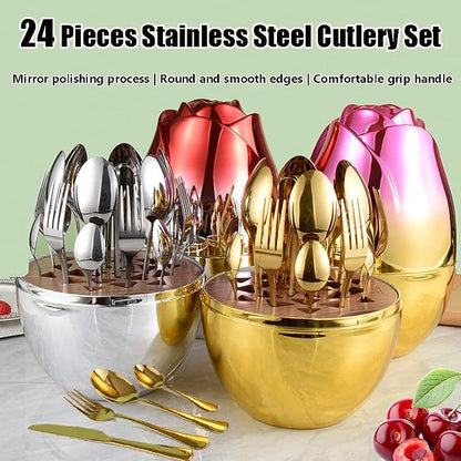 24pcs Stainless Steel Flatware Set, Rose Shape Cutlery Set, Mirror Polished - Image 2