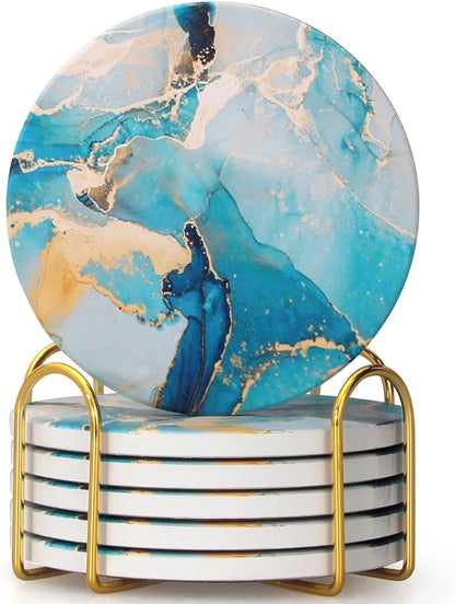 6 Pcs Light Blue Marble Abstract Ceramic Coasters by Dksyee