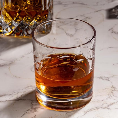 SHOSHIN Premium Hand Cut Whiskey Glasses (13 OZ, Set of 4) - Handmade Double Old Fashioned Scotch Glasses - Gift for Bourbon Lovers - Style Glassware for Rum - Fish Pattern set of 4