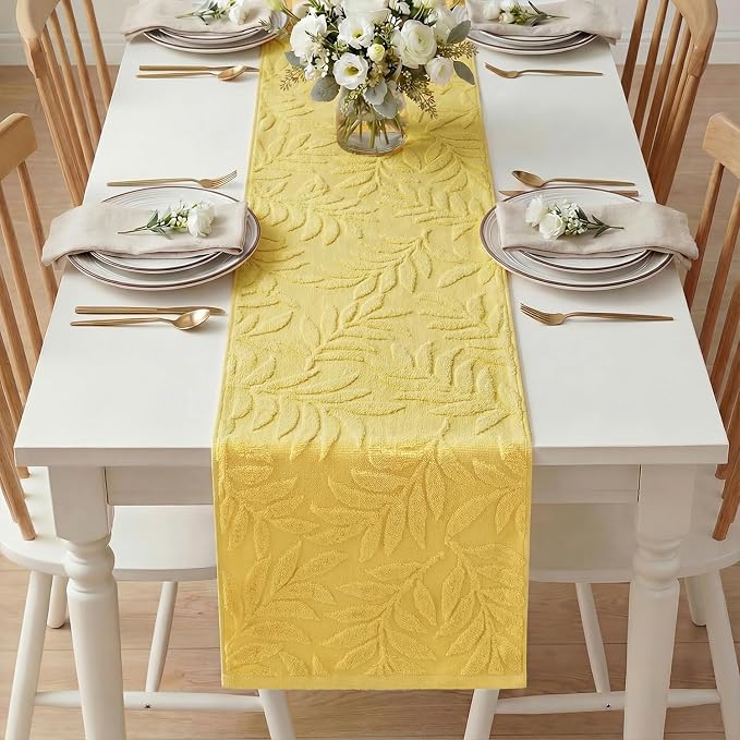 Artoid Mode Yellow Soft 3D Jacquard Leaves 100%Cotton Spring Table Runner - Image 5