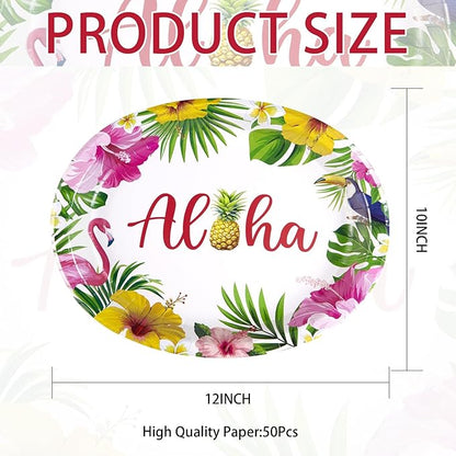 50Pcs Hawaiian Luau Oval Paper Plates 10" X 12" Disposable Tropical Aloha Party Supplies Heavy Duty Hawaiian Hibiscus Floral Luau Party Plate for Tropical Holiday Beach Birthday Party Decoration