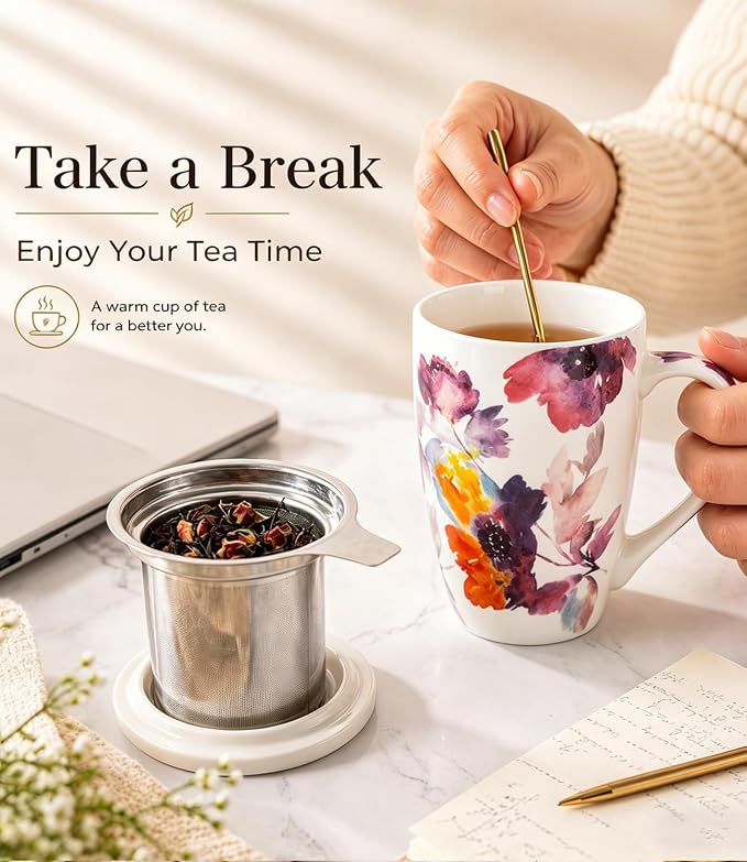 AmorArc Tea Cup With Infuser and Lid, 18oz Loose Leaf Tea Mug With Steeper | - Image 3