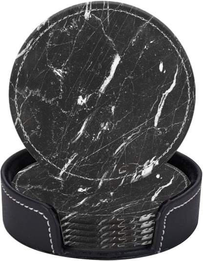 Coasters for Drinks PU Leather,Set of 6 with Holder,Round Housewarming Gift Home Decor,Black and White Marble