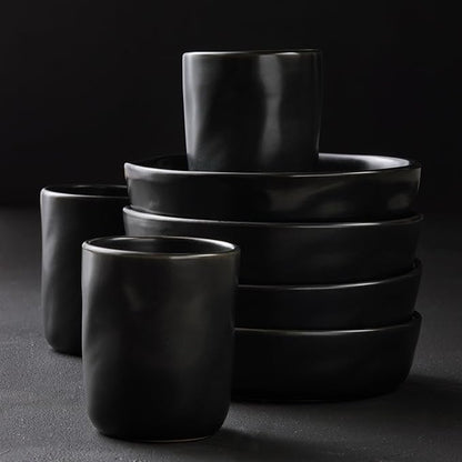 Stone by Mercer Project HEKONDA Modern Stoneware 32-Piece Dinnerware Set, Plate and Bowl Set, Dish Set for 8, Black