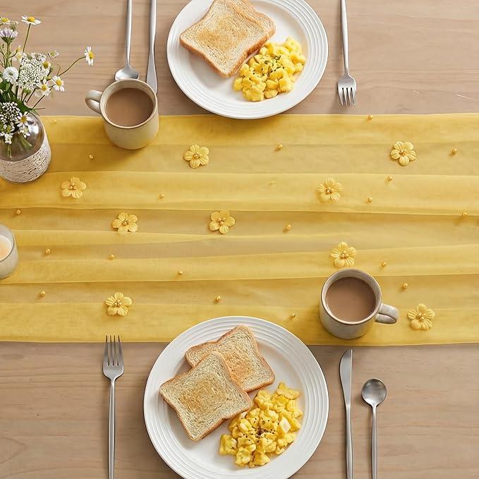 Artoid Mode Yellow Flower Pearl Yellow Gauze Table Runner 10FT 3PC, Seasonal - Image 4