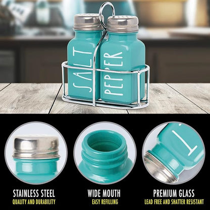 Turquoise Salt and Pepper Shakers Set, a cute teal premium glass shakers with holder and stainless steel lids, perfect for adding a modern kitchen decor charm, great as a gift.