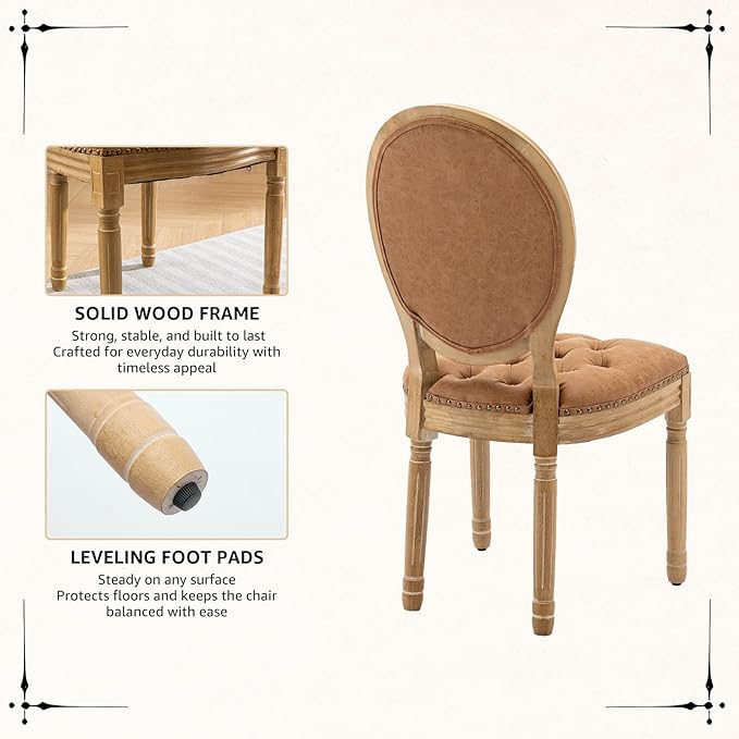 Vintage French Dining Chairs Set of 6, Round Back PU Leather Upholstered Accent Chairs with Nailhead Trim and Solid Wood Frame, Farmhouse Sillas de Comedor for Dining Room & Kitchen, Whiskey Brown