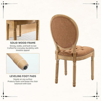 Vintage French Dining Chairs Set of 6, Round Back PU Leather Upholstered Accent Chairs with Nailhead Trim and Solid Wood Frame, Farmhouse Sillas de Comedor for Dining Room & Kitchen, Whiskey Brown
