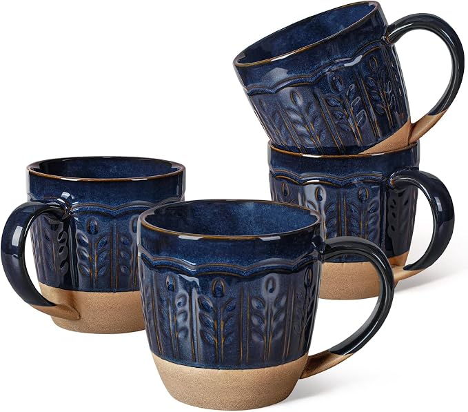 Artena Ceramic Coffee Mugs Set of 4, 16oz Embossed Large Latte Mugs Coffee Cups by Artena