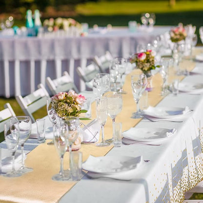 24 Packs White and Gold Disposable Plastic Tablecloths and Satin Table Runner - Image 6