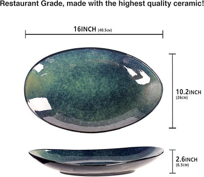 Ceramic Serving Platters Set of 2, 16 Inch Curved Oval Salad Plates for Entertaining, Modern Kitchen Dishes, Trays for Dinner, Fruit, Salad, Pasta, burgers - Dishwasher Microwave Safe