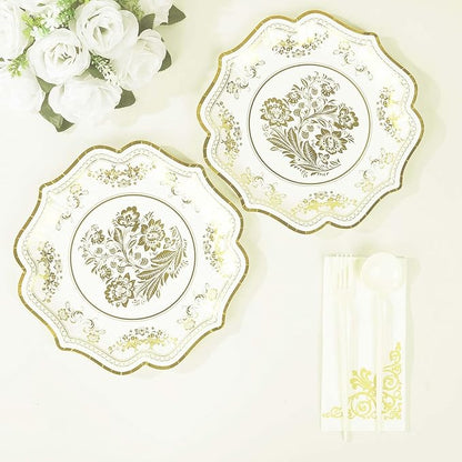 50 Pack 10" White Gold French Toile Dinner Plates, Disposable Round Paper Party Plates 300 GSM for Festive Table Decoration