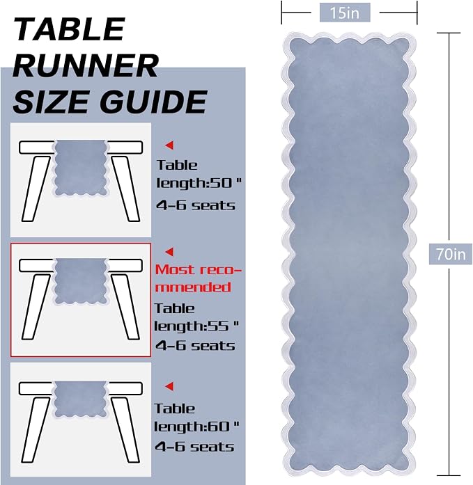 Dusty Blue Table Runner 15x70 inches, Boho Scalloped Table Runner, Rustic - Image 8