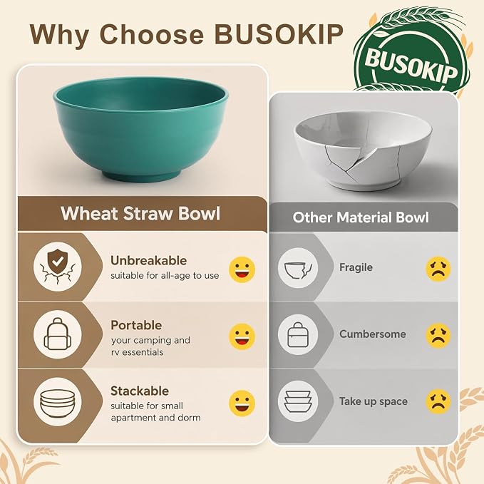 60oz Large Cereal Bowls Sets of 8, Unbreakable & Stackable Wheat Straw Bowls - Image 6