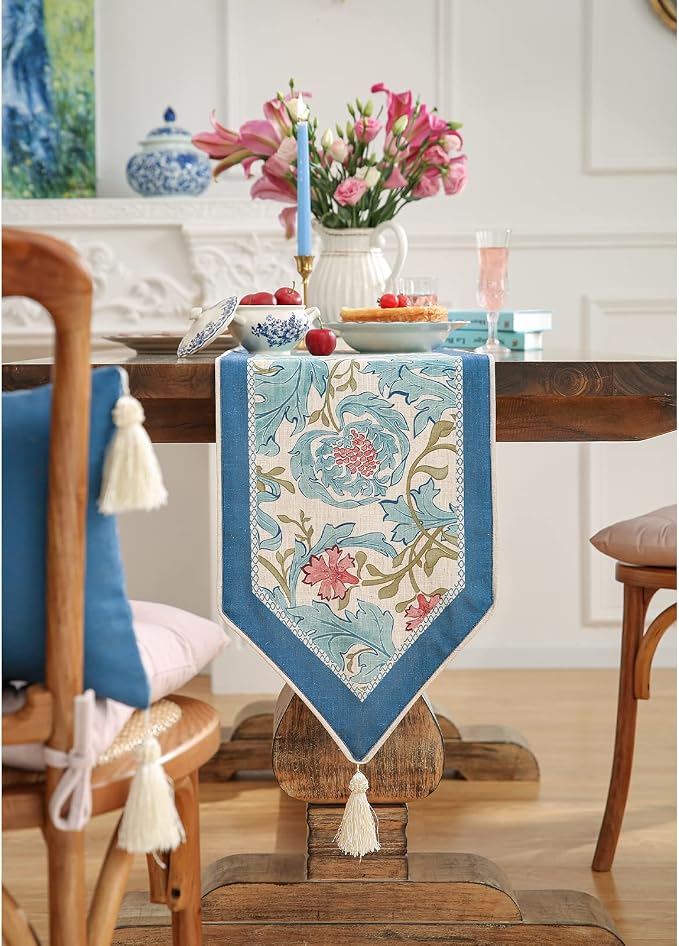 Patdrea Designer Vintage French Linen Table Runner, Elegant Blue Floral Pattern - Image 2
