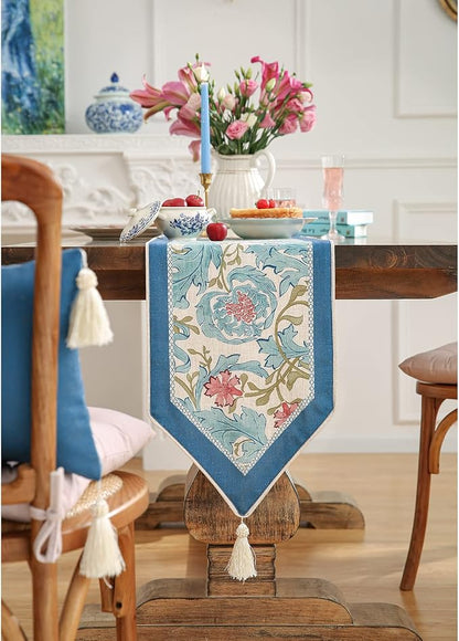Patdrea Designer Vintage French Linen Table Runner, Elegant Blue Floral Pattern - Image 2