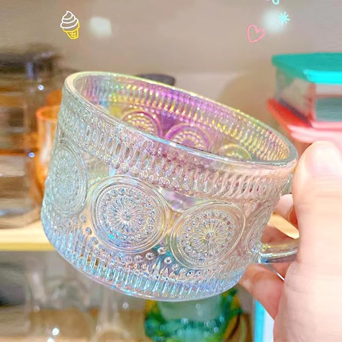MFACOY Vintage Coffee Mugs Set of 2, 14 oz Iridescent Embossed Glass Tea Cups - Image 2