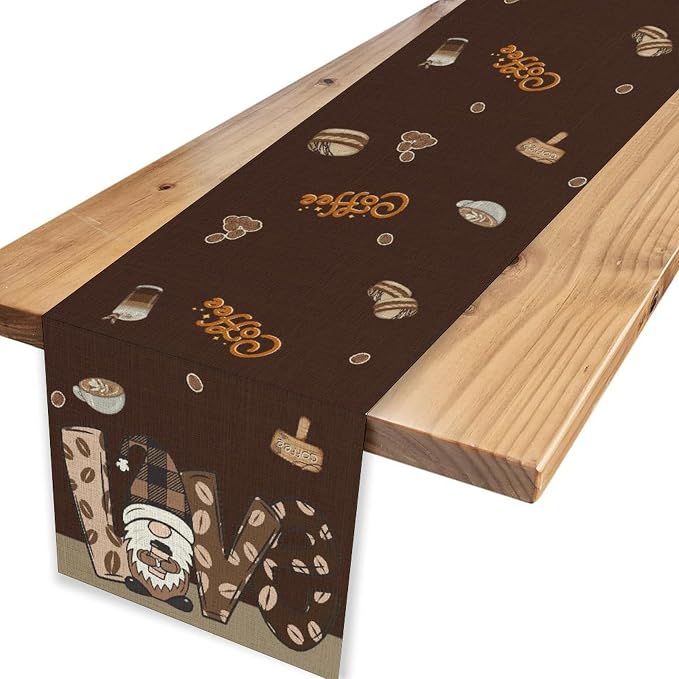 Coffee Theme Table Runner, Rustic Brown Gnome Coffee Theme Bean Cafe Cup Tea - Image 4