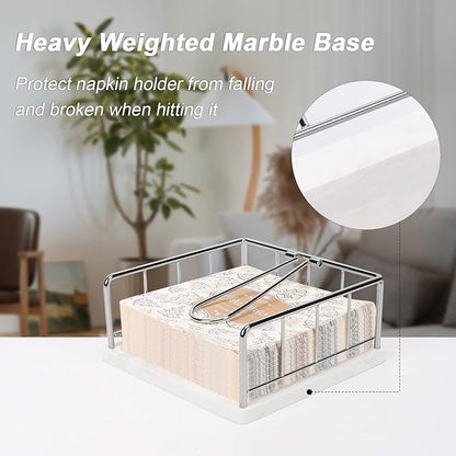 Livabber Flat Napkin Holder, Metal Kitchen Napkin Storage with Weighted Tension Arm Rustic Tissue Paper Dispenser for Countertop, Table Kitchen, Dining Room (With Marble Base, Chrome)