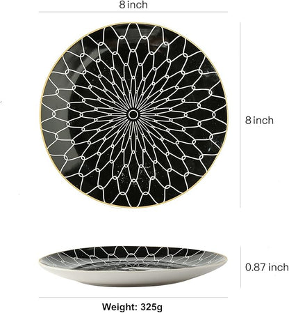 8 Inch Set of 4 Assorted Designs, Porcelain Plates With Patterns,Black Ceramic Dessert Plates, Dishware with Golden Rim for Sandwiches Salad Pasta, Microwave Oven Dishwasher Safe (A)
