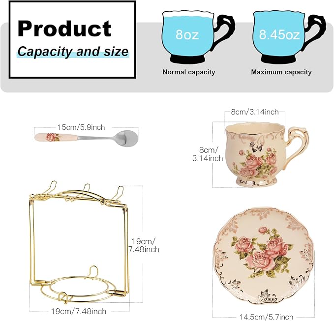 YOLIFE Tea Cups and Saucers Set of 6, 8 OZ Flowering Shrubs | Ivory Vintage - Image 2