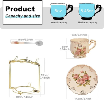 YOLIFE Tea Cups and Saucers Set of 6, 8 OZ Flowering Shrubs | Ivory Vintage - Image 2