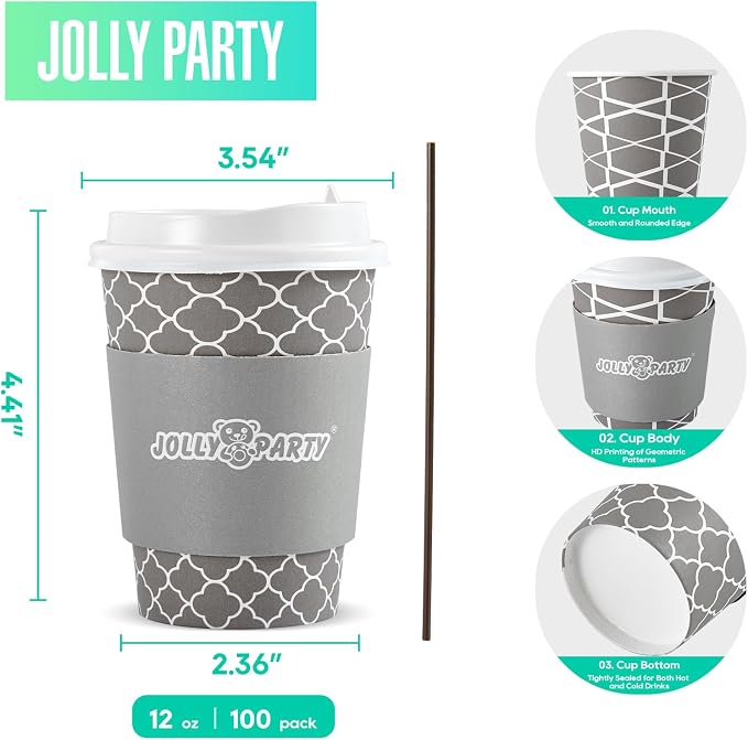 JOLLY PARTY 12 oz Paper Coffee Cups, Disposable Coffee Cups - Image 2