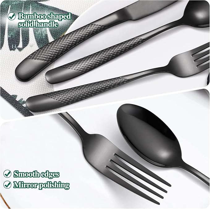 20-Piece ​Modern Black Hammered Silverware Set, 18/10 Stainless Steel Flatware - Image 4