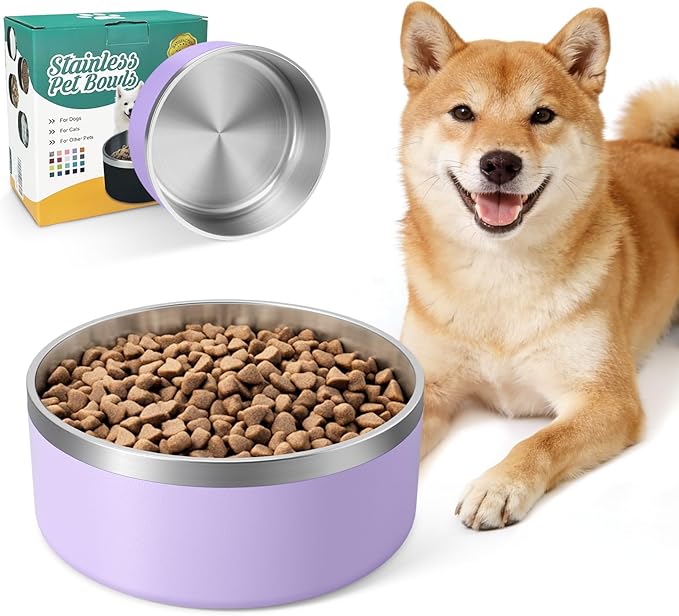IKITCHEN Dog Bowl for Food and Water, 64 Oz Stainless Steel Pet Feeding Bowl, Durable Non-Skid Insulated Heavy Duty with Rubber Bottom for Medium Large Dogs (64 Ounces/8 Cup, Light Purple)