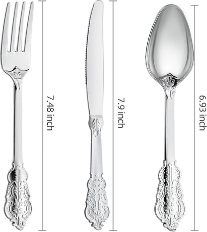 N9R 300PCS Silver Plastic Silverware, Heavy Duty Plastic Cutlery for Parties, Fancy Disposable Flatware Set Includes 100 Forks, 100 Spoons, and 100 Knives, Perfect for Weddings, Dinners, Picnics
