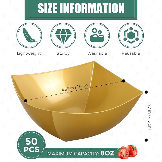 50 Pcs Disposable Serving Bowls 8 oz Gold Square Plastic Salad | Snack Dishes - Image 2