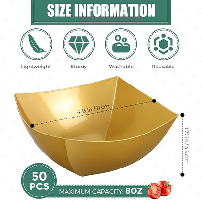 50 Pcs Disposable Serving Bowls 8 oz Gold Square Plastic Salad | Snack Dishes - Image 2