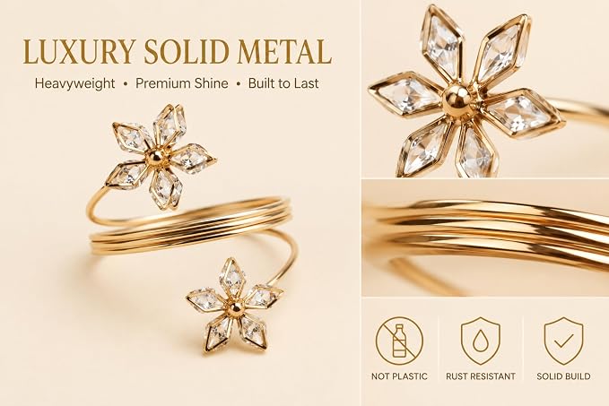 Gold Napkin Rings Set of 12 – Crystal Flower Design – Luxury Napkin Rings Gold - Image 4