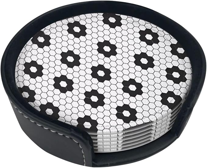 6 Pcs Black White Flower Hex Tile Print Floor Leather Coasters - Image 5