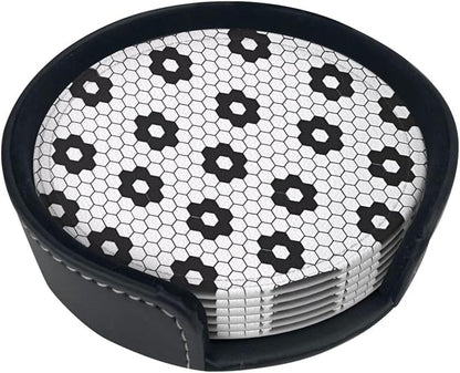 6 Pcs Black White Flower Hex Tile Print Floor Leather Coasters - Image 5