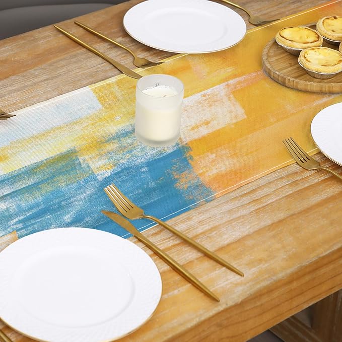 Orange and Blue Table Runner 13x72 Inch Modern Abstract Art Painting Kitchen - Image 4