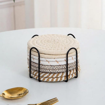 8 Pcs Drink Coasters with Holder, Handwoven Cotton Coasters Set Stackable Absorbent Minimalist Home Decor for Table, Cup, Mug (Black and Beige)
