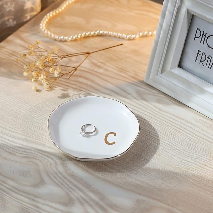Initials Ring Dish Jewery Tray with personalized C-Monogrammed Gifts Wedding Engagement for Women Friends sister,Ceramic White
