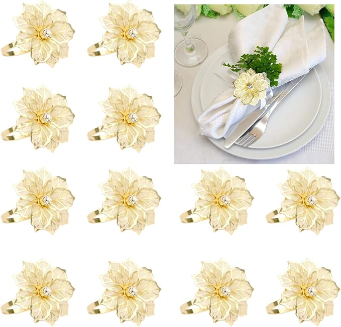 14K Gold Napkin Rings Set of 12, Metal Gold Flower Napkins Rings Holder Buckles by FAZKAR