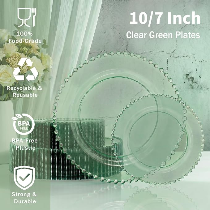 U-QE 60PCS Clear Green Plastic Plates, Beaded Plates Disposable Heavy Duty | - Image 3