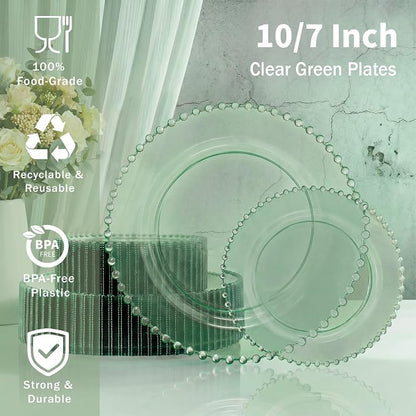 U-QE 60PCS Clear Green Plastic Plates, Beaded Plates Disposable Heavy Duty | - Image 3