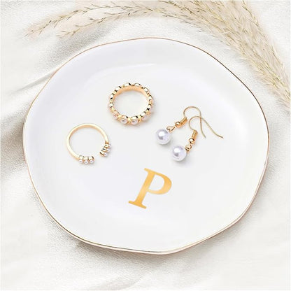 ProCase Ceramic Jewelry Tray, Initial Ring Dish Trinket Plate Engagement Gift, Small Personalized Monogram Ring Bowl for Wedding, White Decorative Jewelry Holder for Women Vanity -Letter P