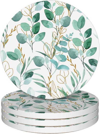 Drinks Coasters Set of 4, Sage Green Plants Round 4" Cup Coasters, Absorbent Ceramic Stone Coasters with Cork Base, Cute Coasters for Table Home Décor, Ideal Gifts for Women Men