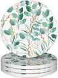 Drinks Coasters Set of 4, Sage Green Plants Round 4" Cup Coasters, Absorbent Ceramic Stone Coasters with Cork Base, Cute Coasters for Table Home Décor, Ideal Gifts for Women Men