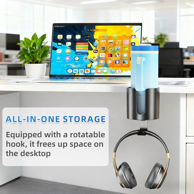 360° Rotating Cup Holder for Desk, Fits 18-40oz, Headphone Hook | U-Shaped - Image 4