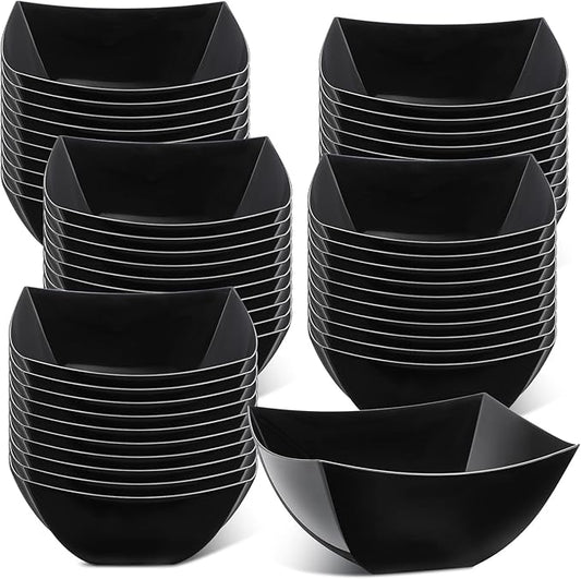 Tanlade 50 Pcs Square Plastic Serving Bowls Disposable Snack Salad Bowl Small Party Candy Bar Containers Taco Bar Serving Dishes for Buffet Chips Fruit (4 oz,Black)