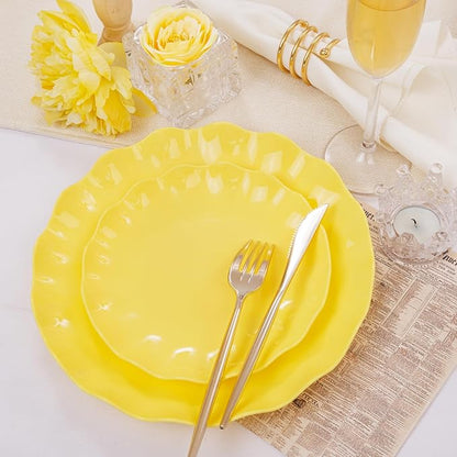 LIYH 24 Pcs Yellow Plastic Plates Reusable, Unbreakable Dinner & Salad Plate, Microwave & Dishwasher Safe, Scalloped Reusable Plastic Plates for Party, Birthday, Picnics (12Guests)
