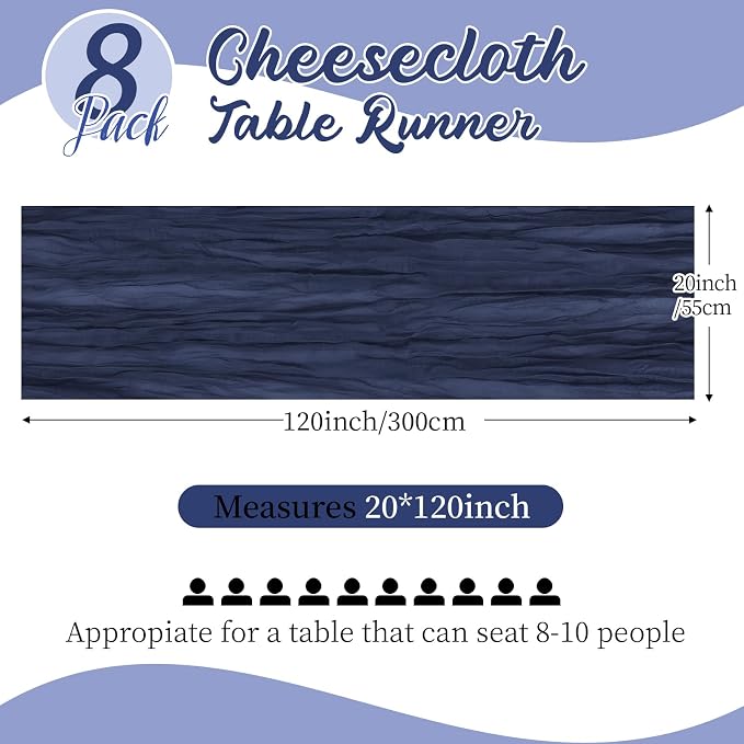 8 Pack Navy Blue Cheesecloth Table Runners 20x120 Inch Gauze Table Runner - Image 2