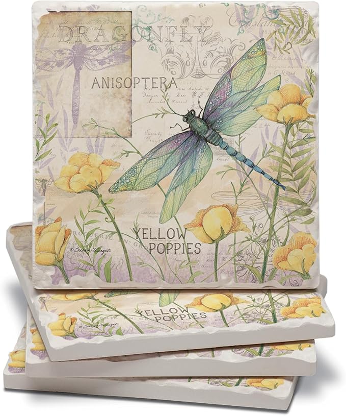 Thirstystone Dragonfly Poppies 4 Pack Tumbled Tile Stone Coasters | 4" Square by CounterArt